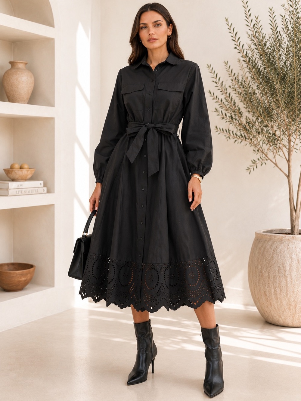 616. The Alessia Cotton Eyelet Hem Midi Dress in black